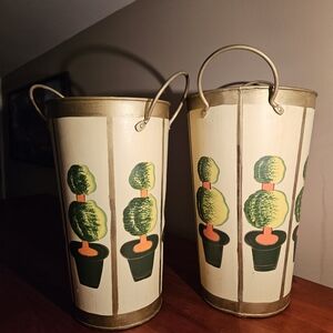 Vintage Hand-Painted Cream & Green Topiary Decorative Planter Pair